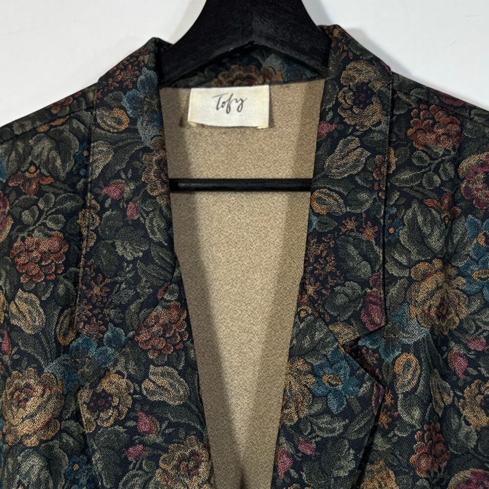 Vintage Floral Blazer, 1980s Jewel Tone Print Jacket Black Green Plum 12 USA - Picture 10 of 10